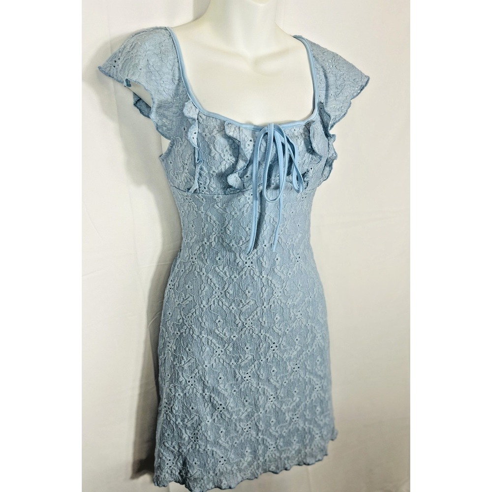 Crochet Eyelet Milkmaid Dress Size XS Blue Fairy Coquette Whimsical Romantic Bow